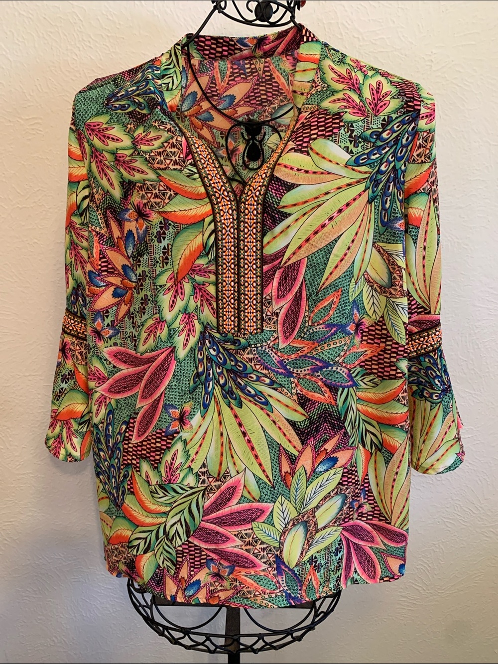 🌴🌴🌴BOGOHO🌴🌴🌴Women’s Vivid Tropical Print Tunic Top - Green Multi-Med